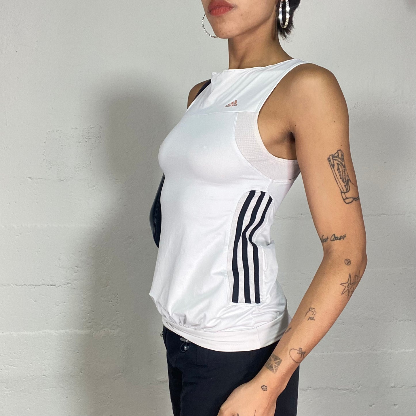 Vintage 90's Adidas Sporty White Top with Black Brand Stripes and Logo Detail (S/M)
