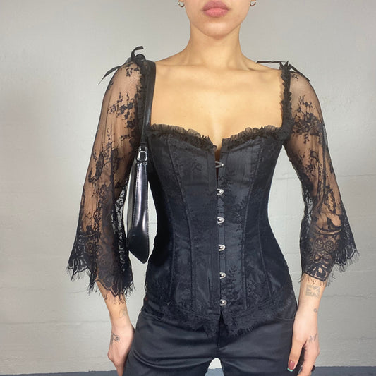 Vintage 90's Vampy Goth Black Corset Top with Mesh Laced Longsleeves Detail (S)