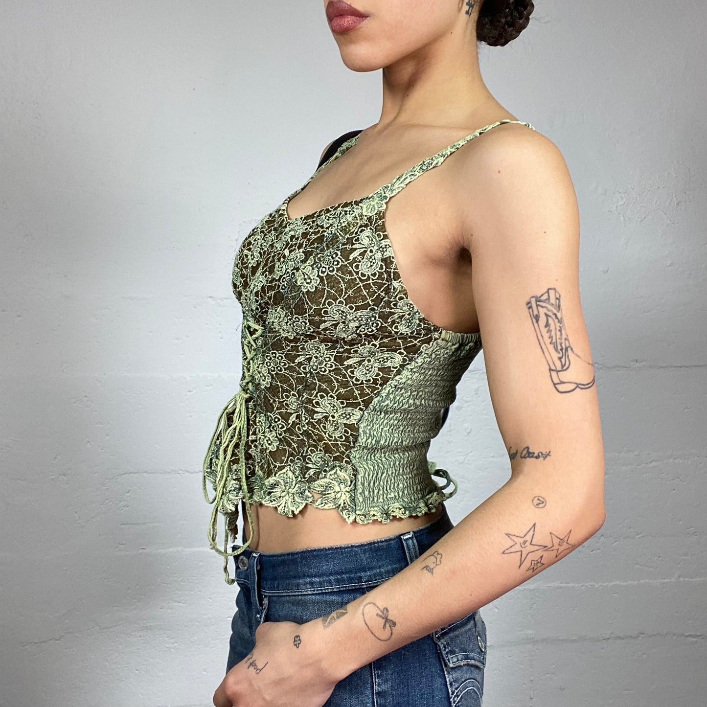 Vintage 2000's Indie Girl Green Corset Top with Floral Lace and Tie Detail (S)