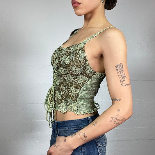 Vintage 2000's Indie Girl Green Corset Top with Floral Lace and Tie Detail (S)