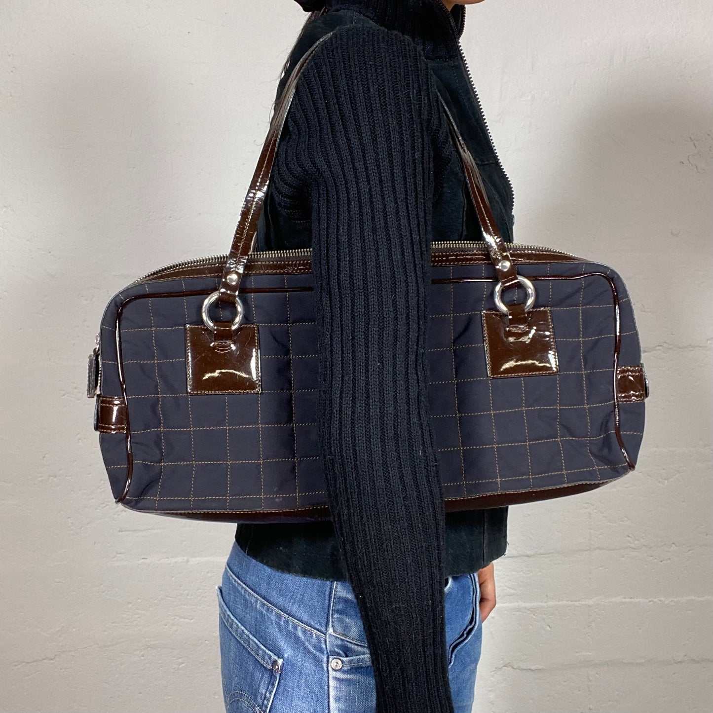 Vintage 2000's Moschino Classic Navy Maxi Squared Puffed Shoulder Bag