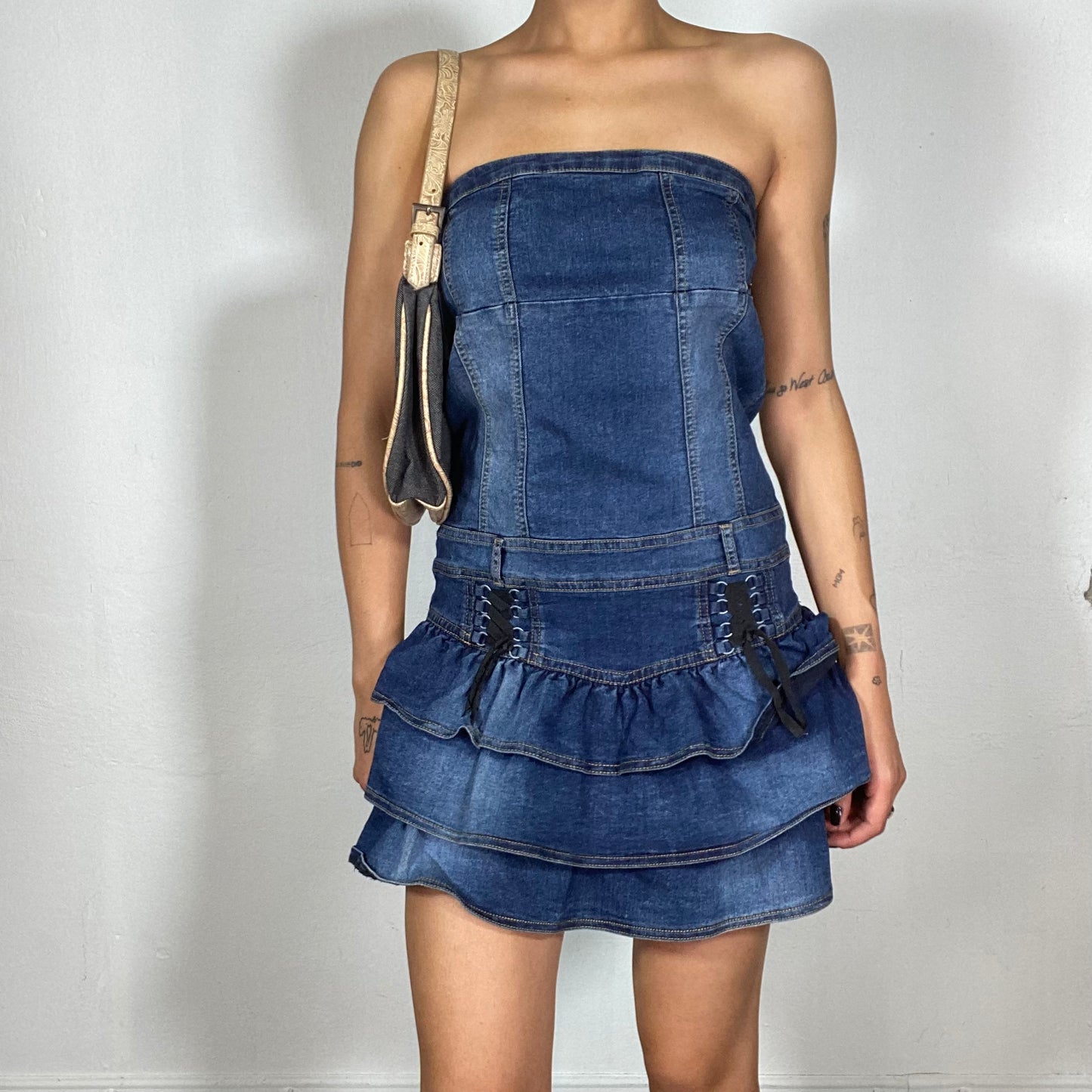 Vintage 2000's Sleaze Strapless Denim Dress with Lace Up Details (S/M)