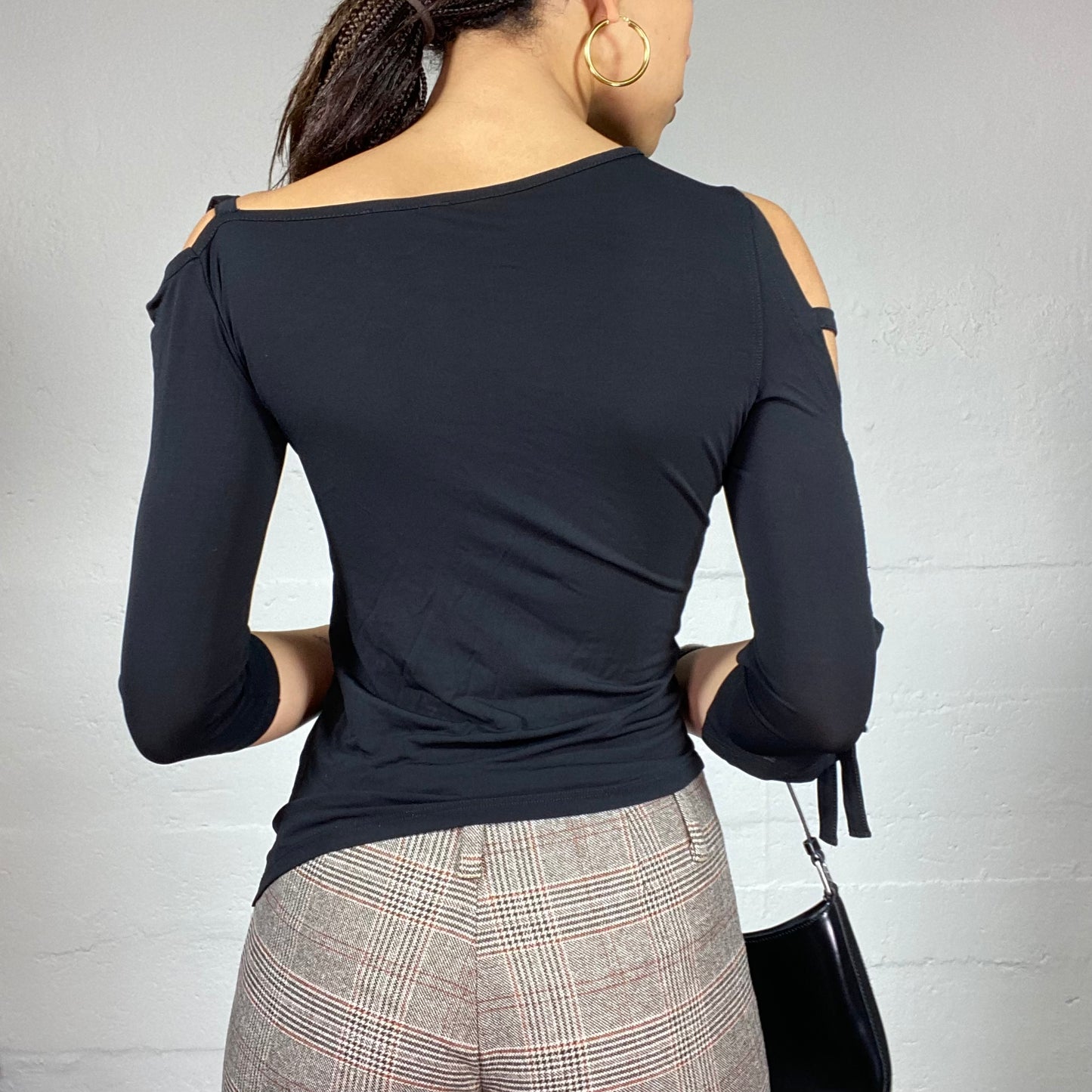 Vintage 2000's Rave Black Belted Open Longsleeve Top with Silver Crossed Neck Zip Detail (XS)