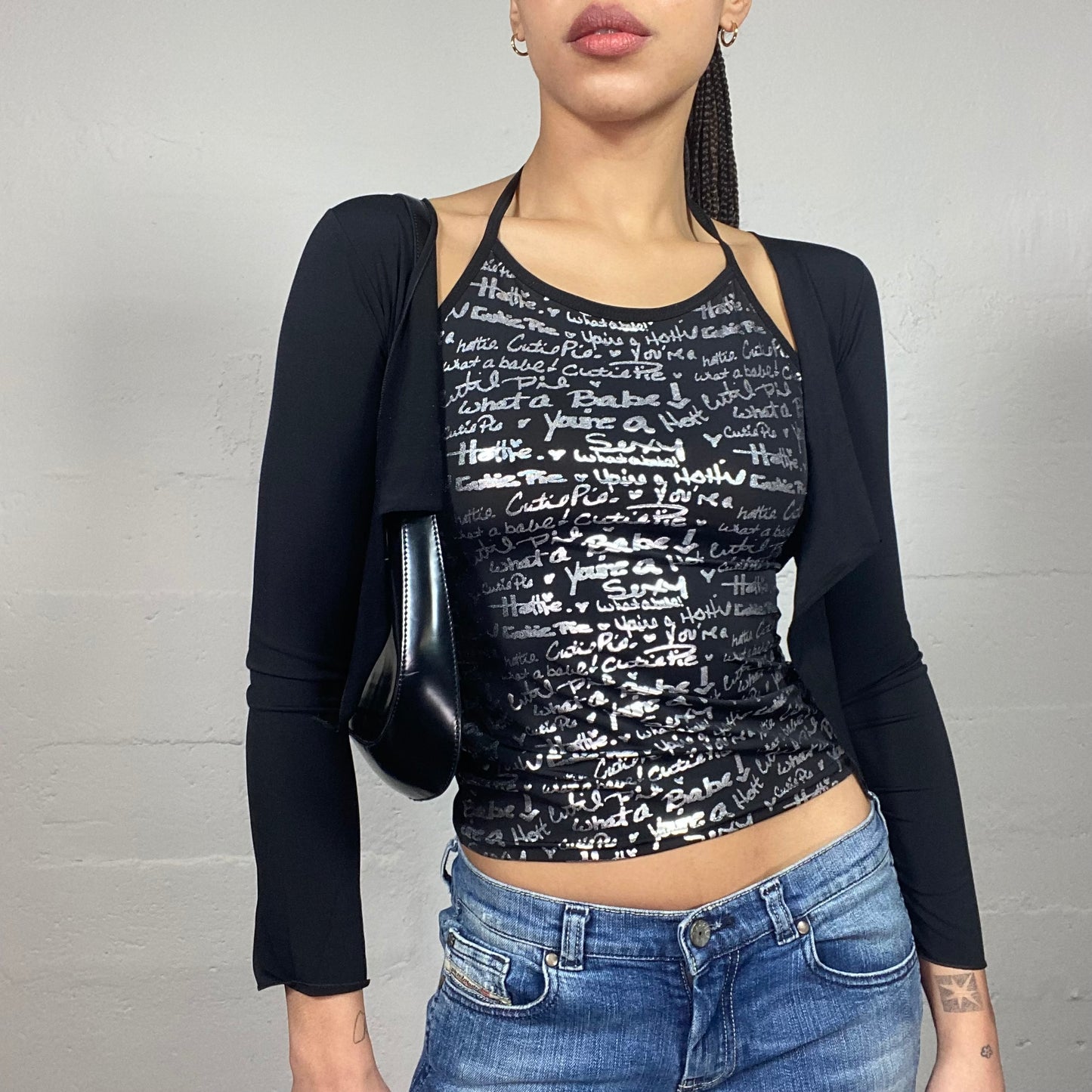 Vintage 2000's Clubwear Black Longsleeve Layered Top with Silver Typography Print (S)