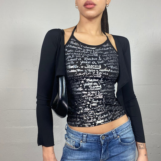 Vintage 2000's Clubwear Black Longsleeve Layered Top with Silver Typography Print (S)
