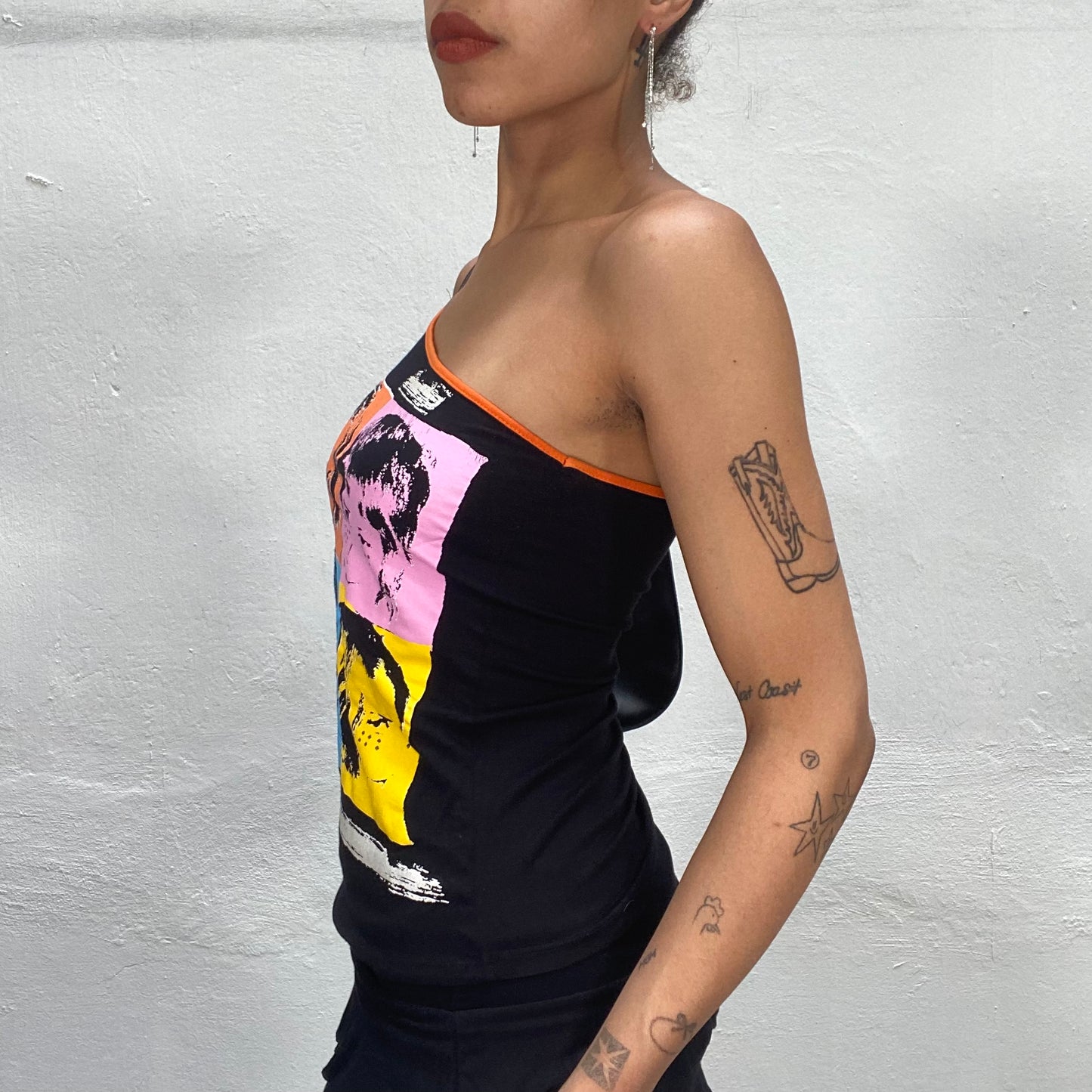 Vintage 90's Rave One Shoulder Black Top with Face Pop Art Print and Orange Straps (S)