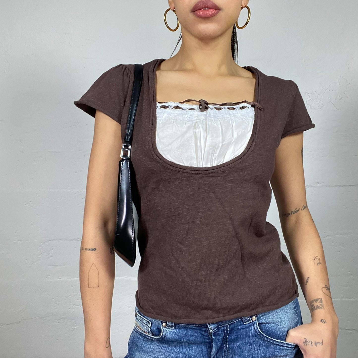 Vintage 90's Downtown Girl Brown Top with White Blouse Collar Detail (M)