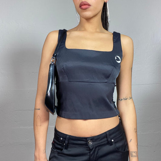 Vintage 2000's Morgan Black Top with Lateral Lace Up Detail and Logo Print (XS)