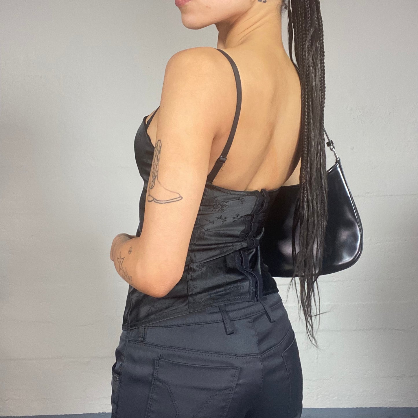 Vintage 90's Vamp Goth Black Satin Strapless Corset Top with Floral Material Detail (S)