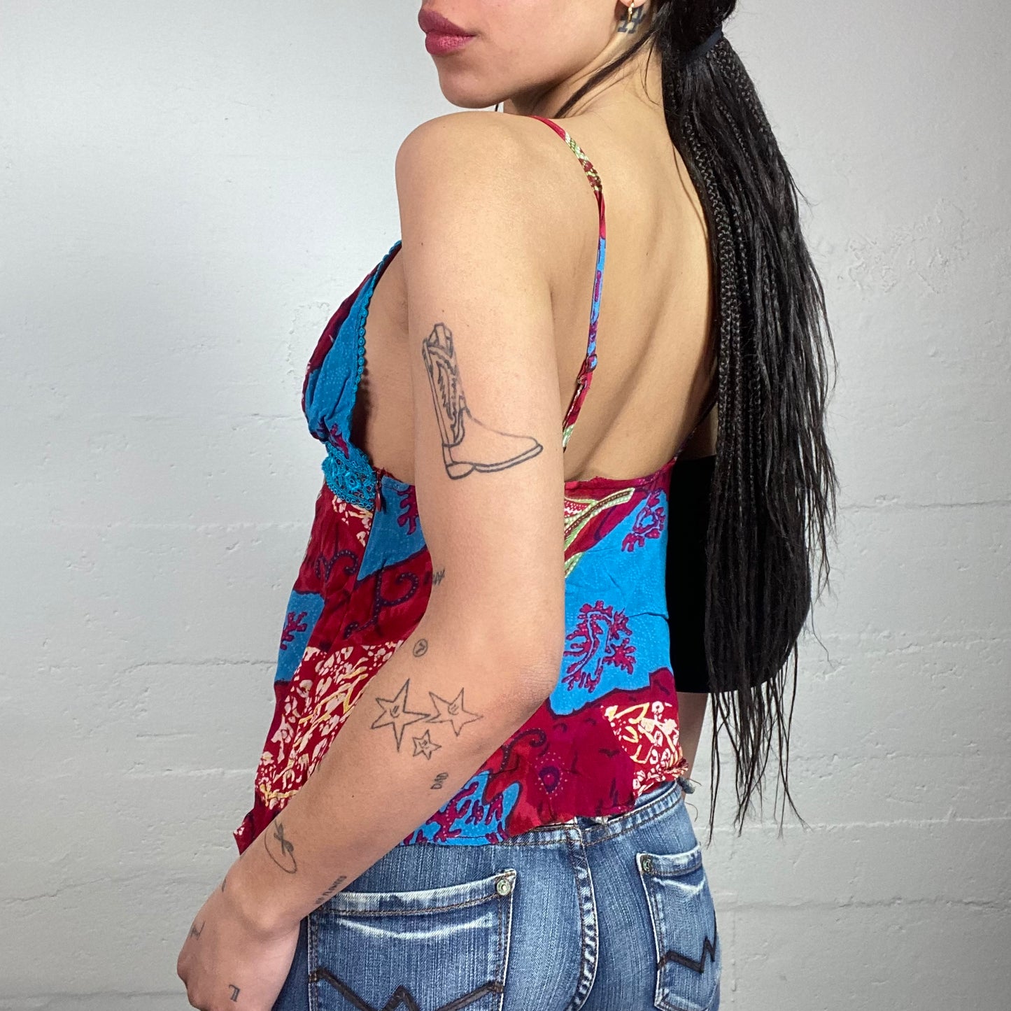 Vintage 2000's Funky Girl Red and Blue Top with Abstract Floral Print (S)