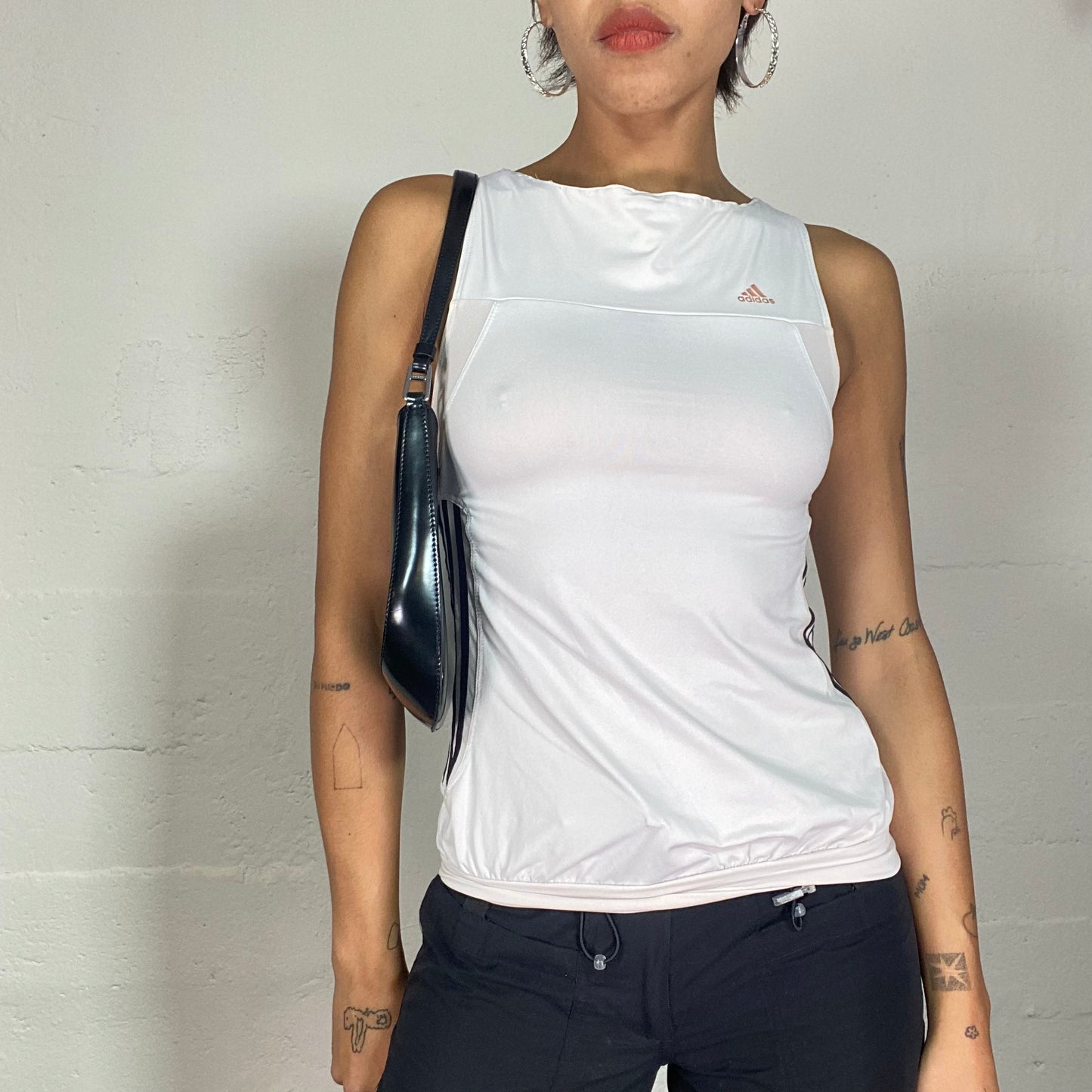 Vintage 90's Adidas Sporty White Top with Black Brand Stripes and Logo Detail (S/M)