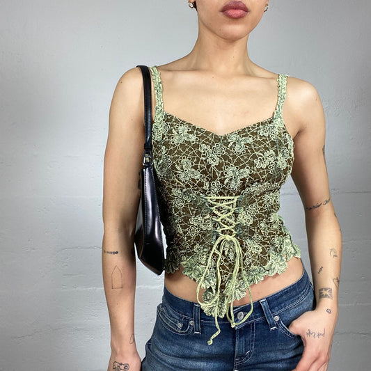 Vintage 2000's Indie Girl Green Corset Top with Floral Lace and Tie Detail (S)