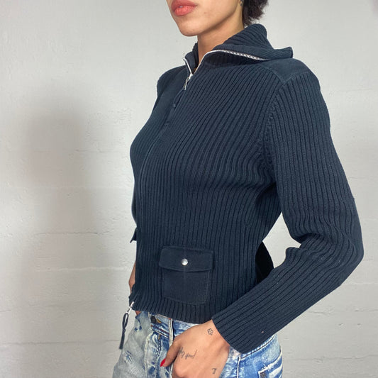 Vintage 90's Techwear Deep Grey Zip Up Sweater with Pockets Details (M)