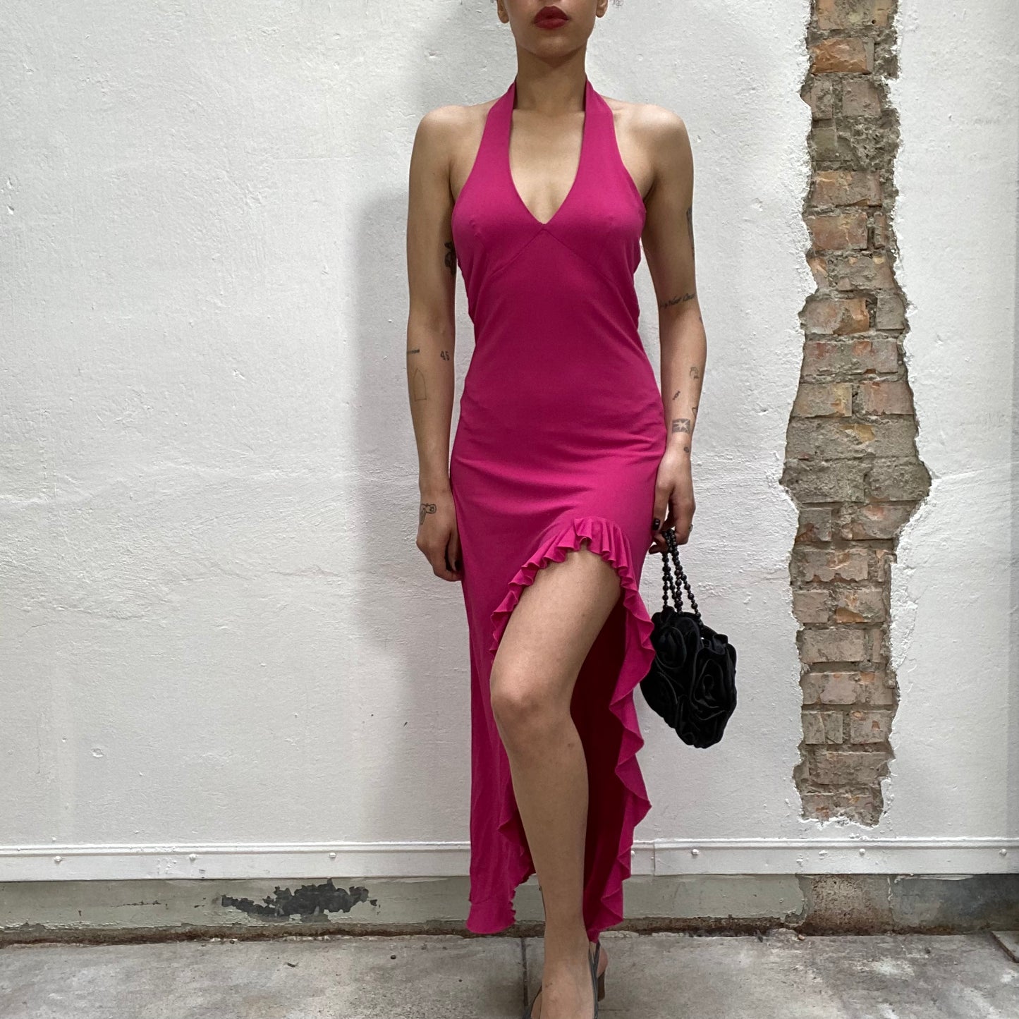 Vintage 2000's Festive Magenta Halter Neck Dress with Side Slit (S/M)