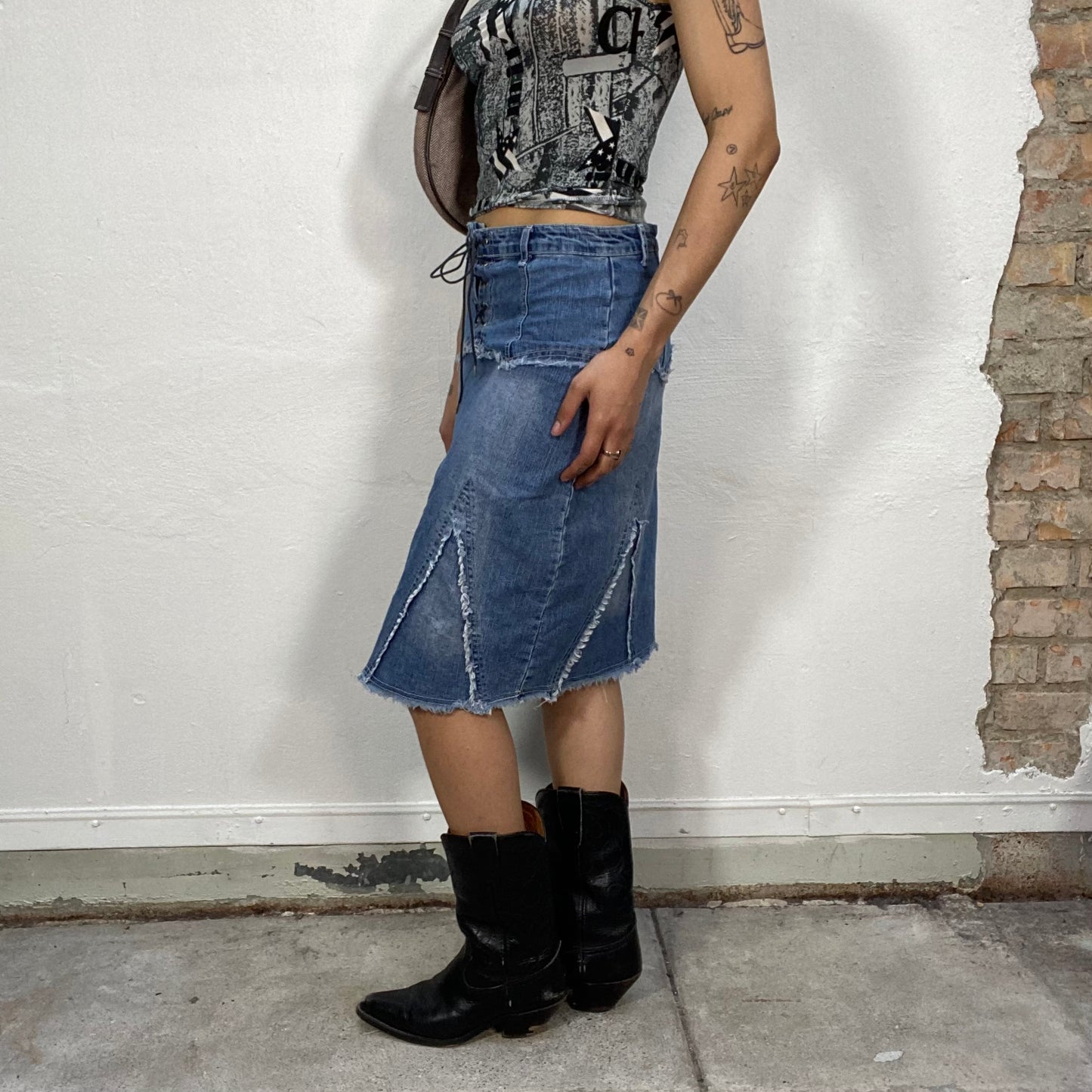 Vintage 2000's Western Denim Midi Skirt with Raw Hem and Lace Up Detail (S/M)