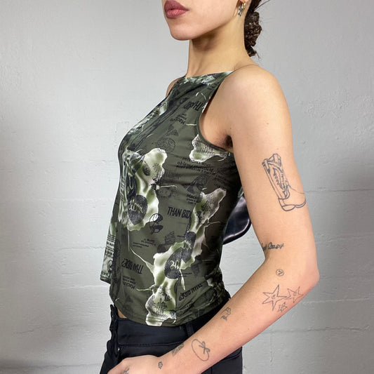 Vintage 2000's Cyber Girl Khaki Top with Typography Print and Roses Detail (S)