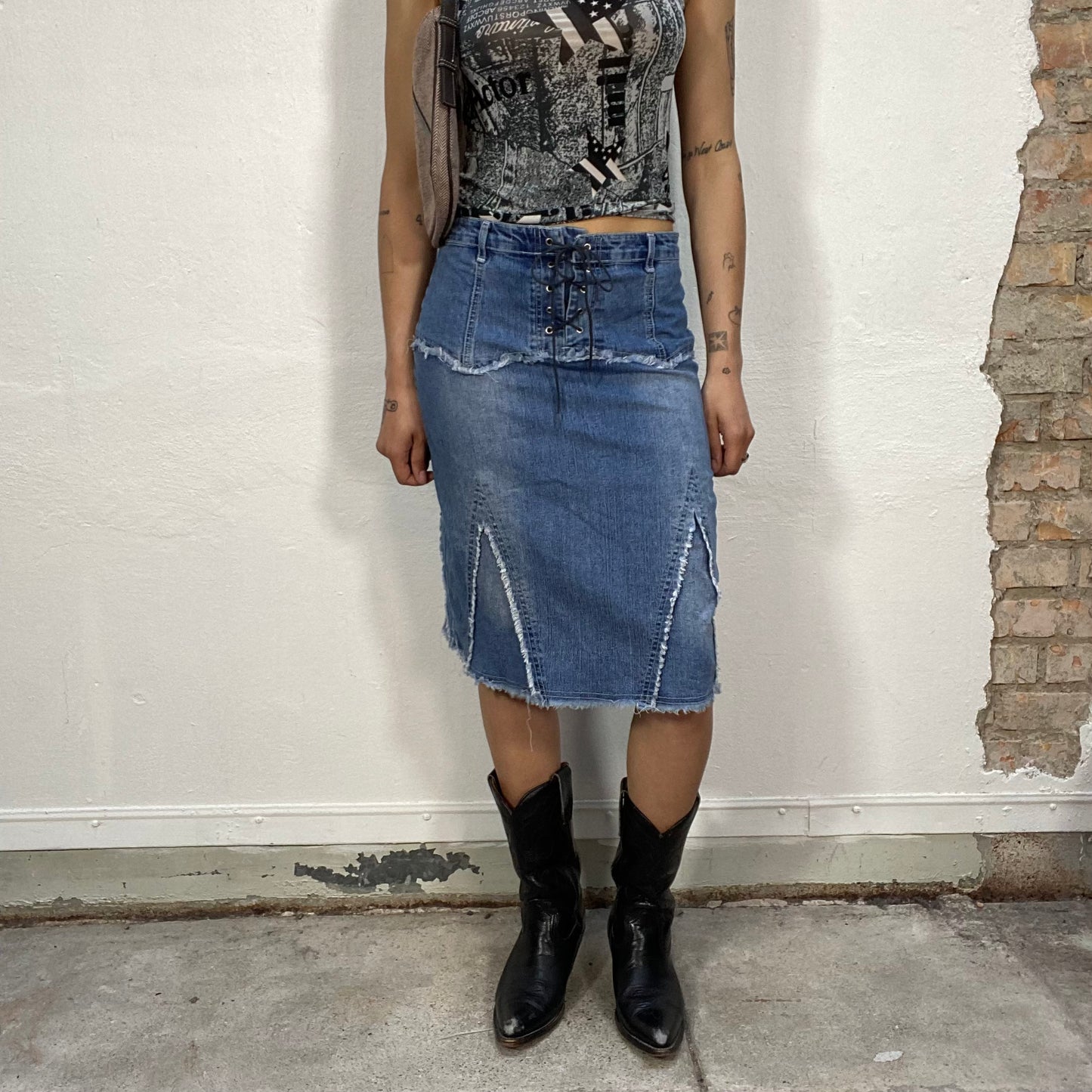 Vintage 2000's Western Denim Midi Skirt with Raw Hem and Lace Up Detail (S/M)