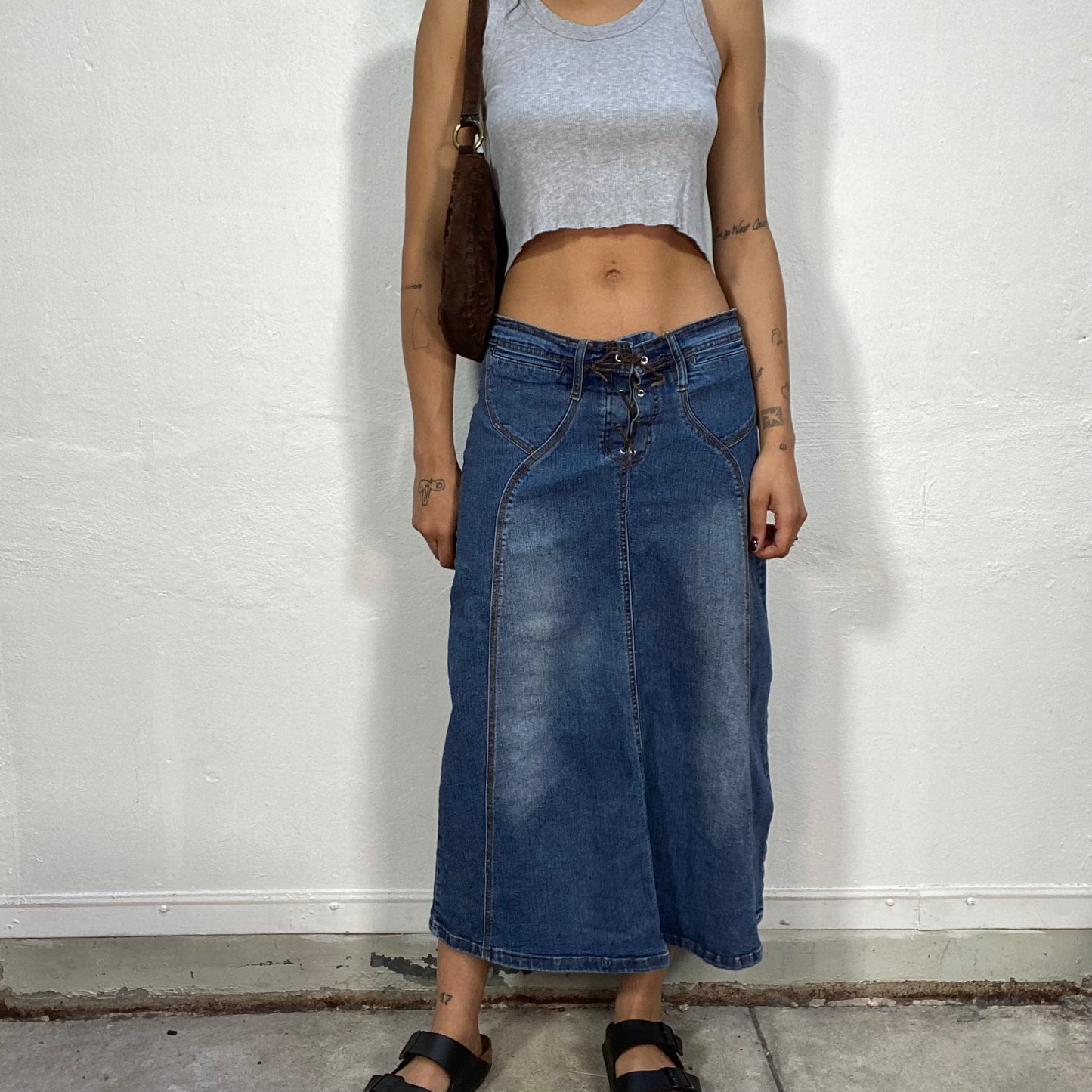 Vintage 2000's Cow-Girl Denim Maxi Skirt with Brown Tie Detail (M/L)