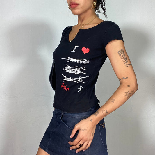 Vintage 90's Classic Black Print Top with White and Red "I <3 John" Declaration (S)