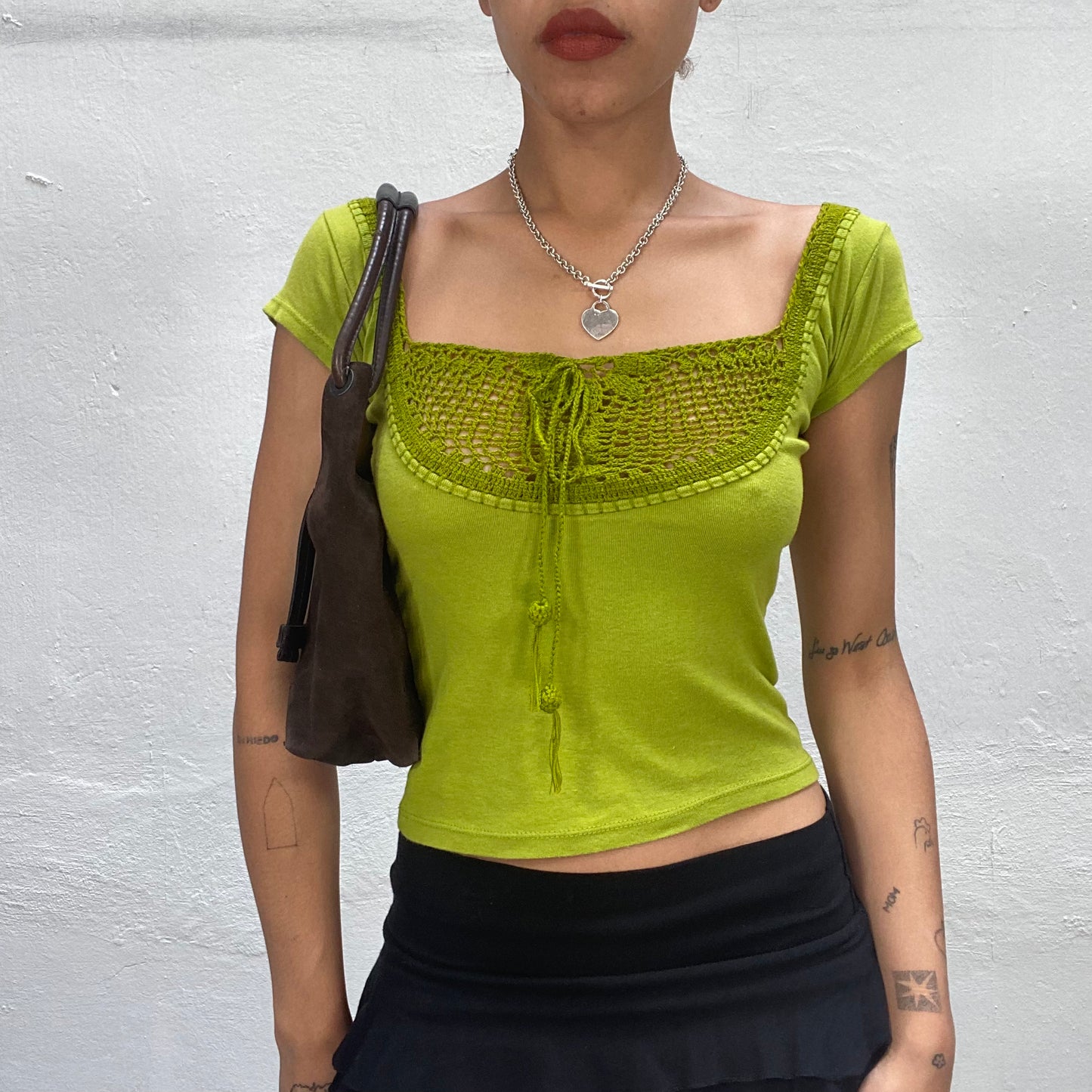 Vintage 90's Boho Girl Pistachio Green Top with Crochete Detail in the Front and Back (S)