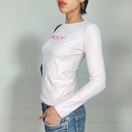 Vintage 90's Archive DKNY Baby Pink Longsleeve Top with Brand Print (S)