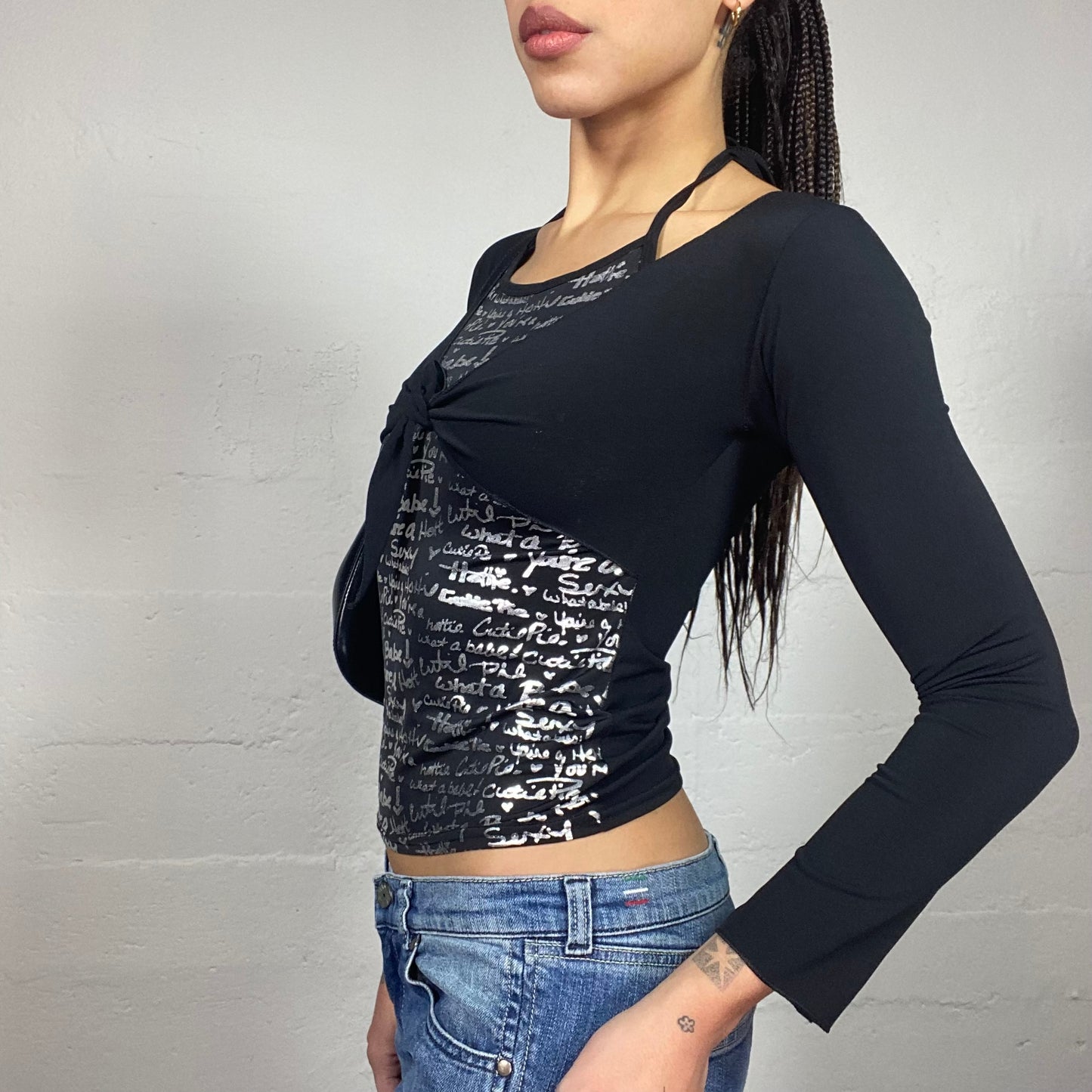 Vintage 2000's Clubwear Black Longsleeve Layered Top with Silver Typography Print (S)