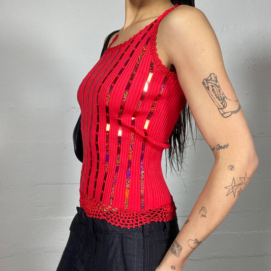 Vintage 2000's Festive Red Knitted Top with Glitter Trims Detail (S/M)