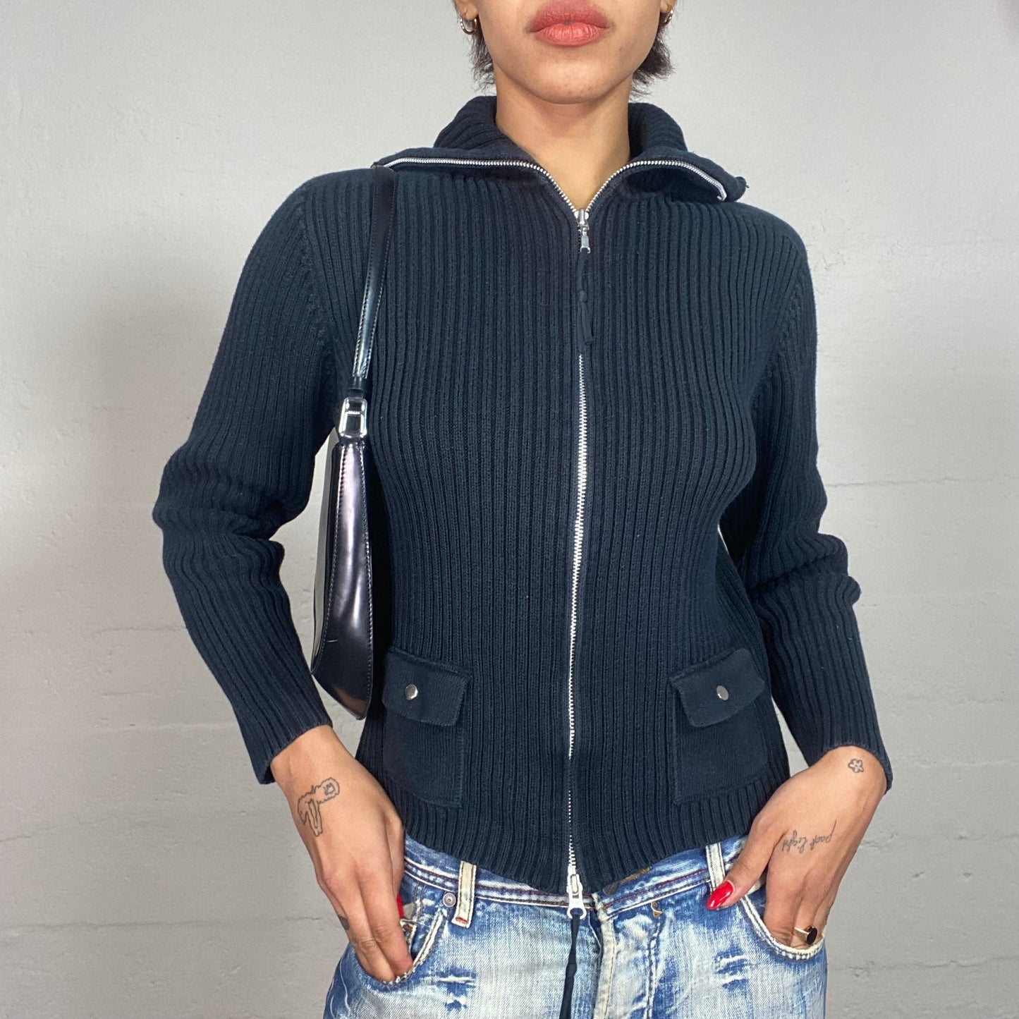 Vintage 90's Techwear Deep Grey Zip Up Sweater with Pockets Details (M)