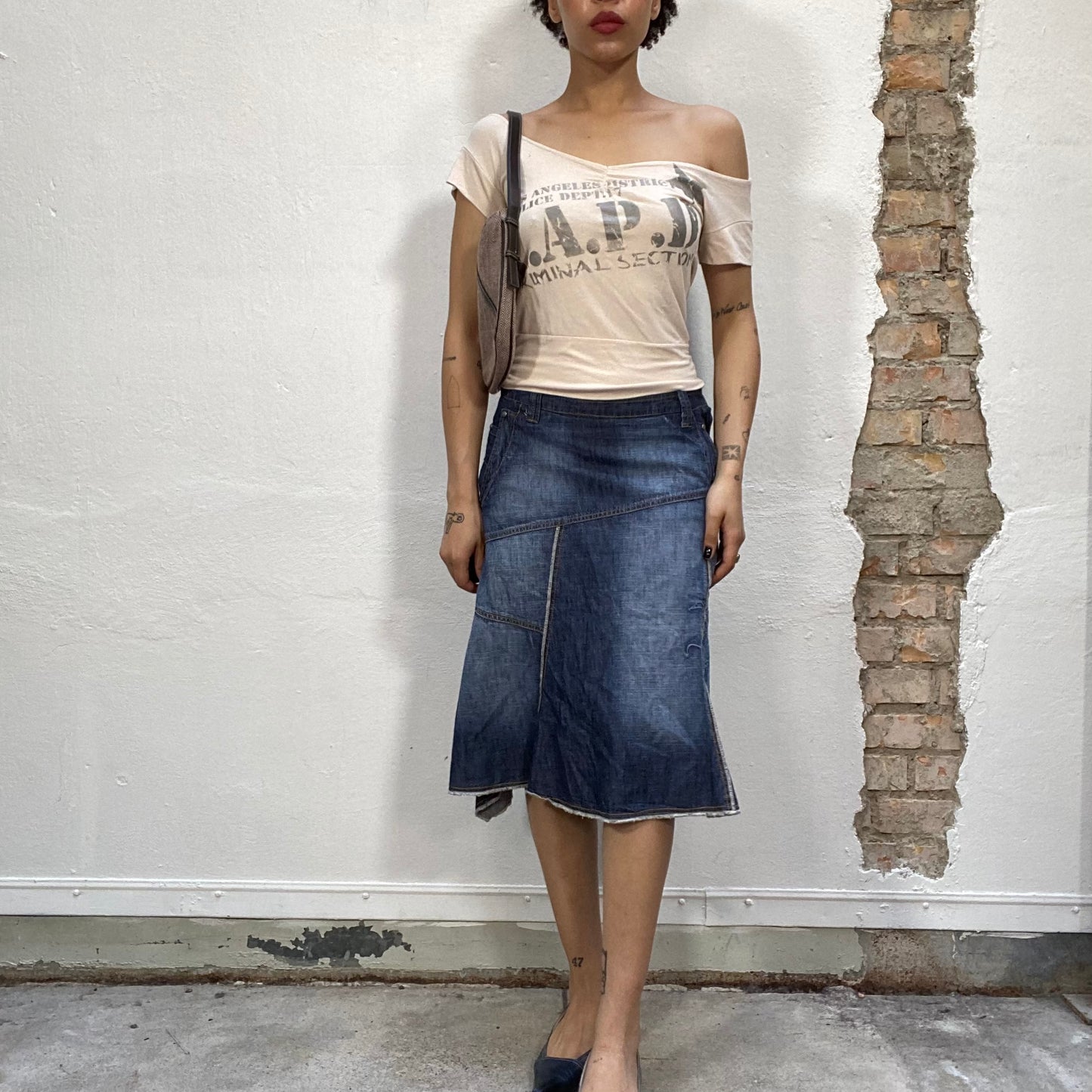 Vintage 90's Downtown Girl Deconstructed Denim Skirt with Side Embroidery Detail (S)