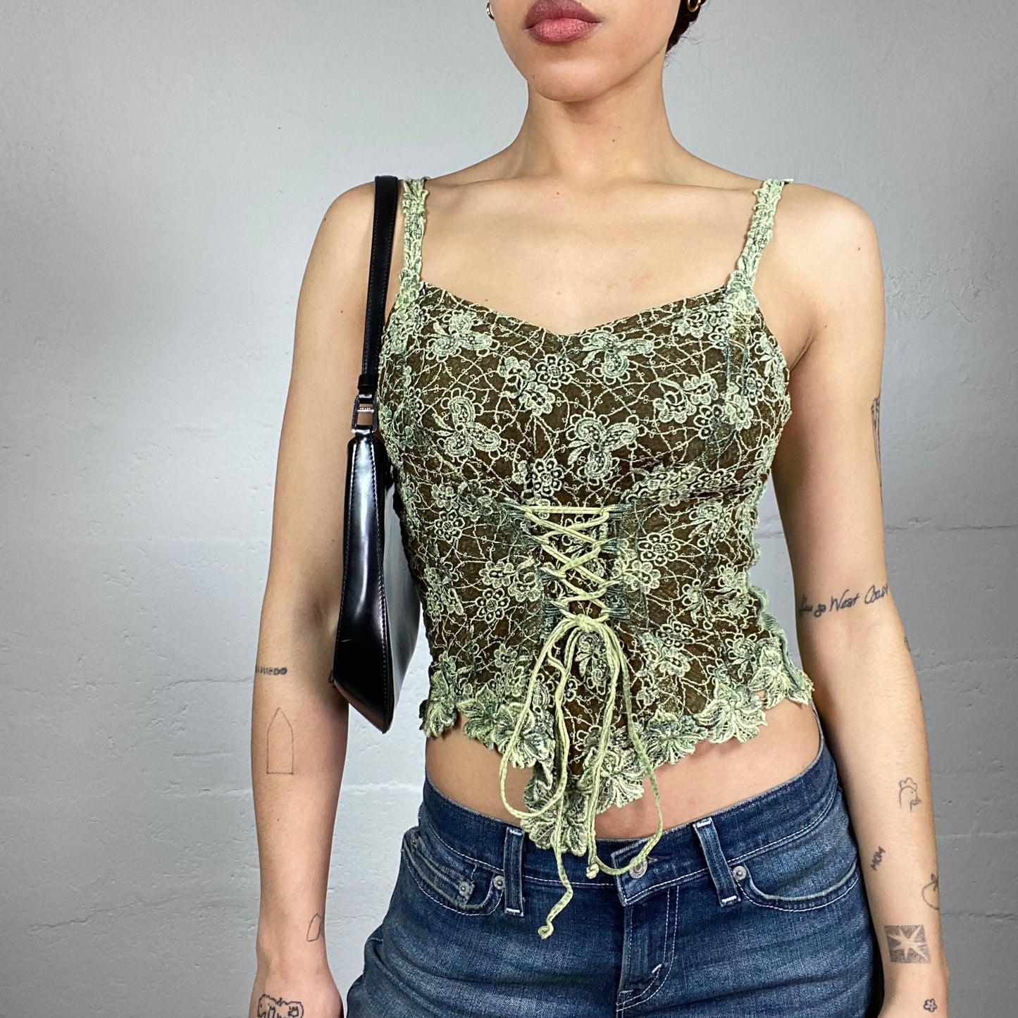 Vintage 2000's Indie Girl Green Corset Top with Floral Lace and Tie Detail (S)