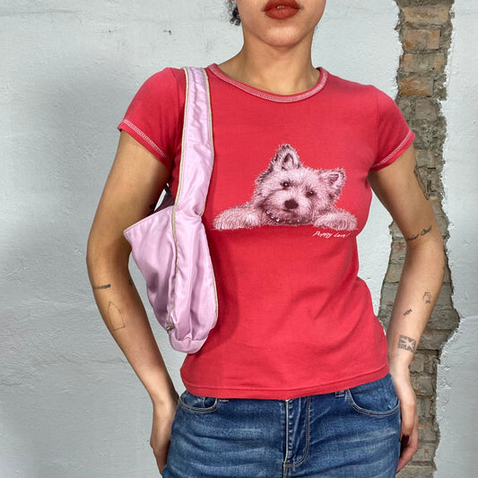 Vintage 2000's Downtown Girl Red Baby Tee with Puppy Print (S)