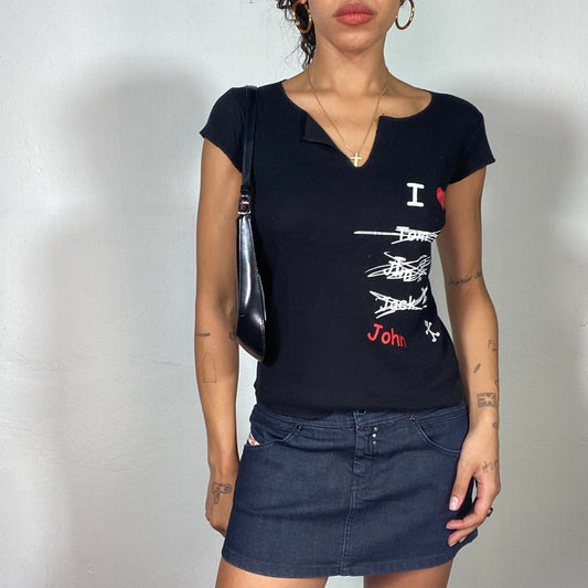 Vintage 90's Classic Black Print Top with White and Red "I <3 John" Declaration (S)