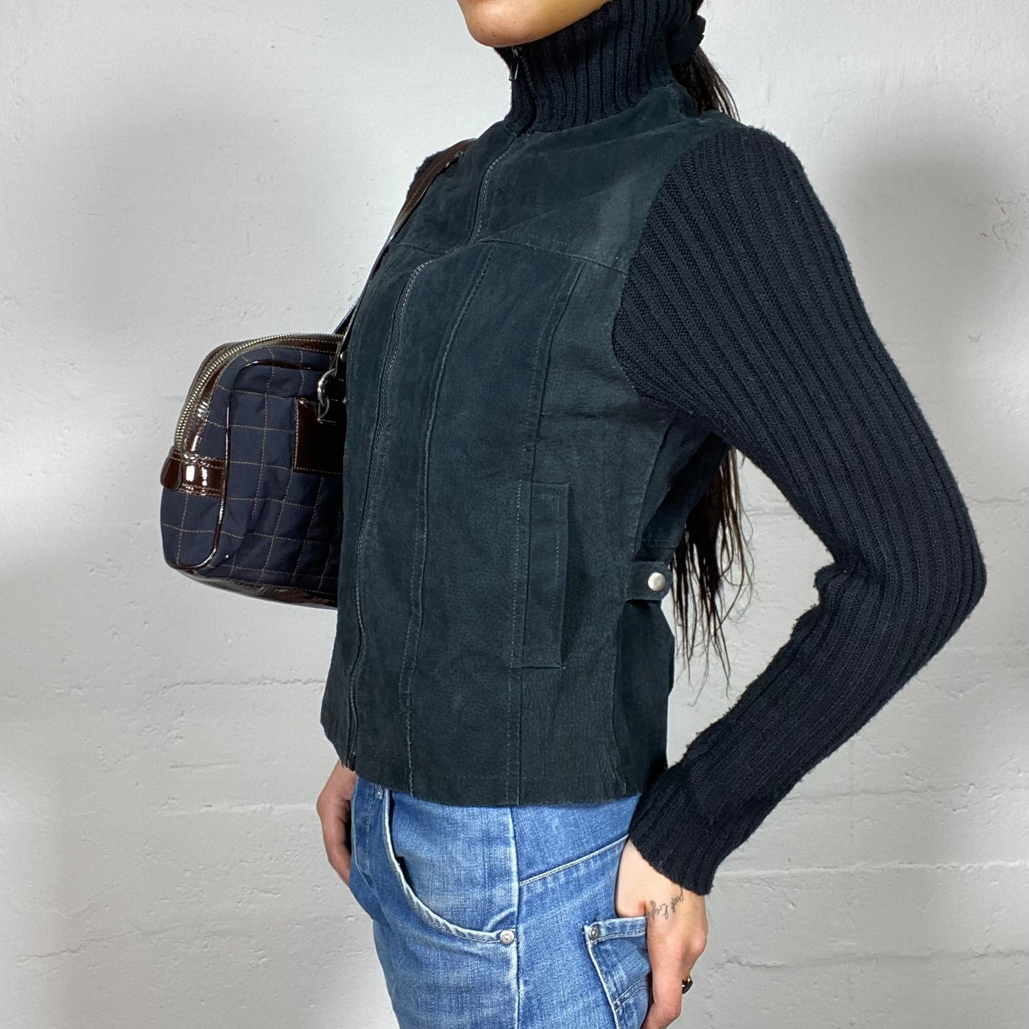 Vintage 2000's Skater Black Zip Up Leather Jacket with Ribbed Knit Material (S)