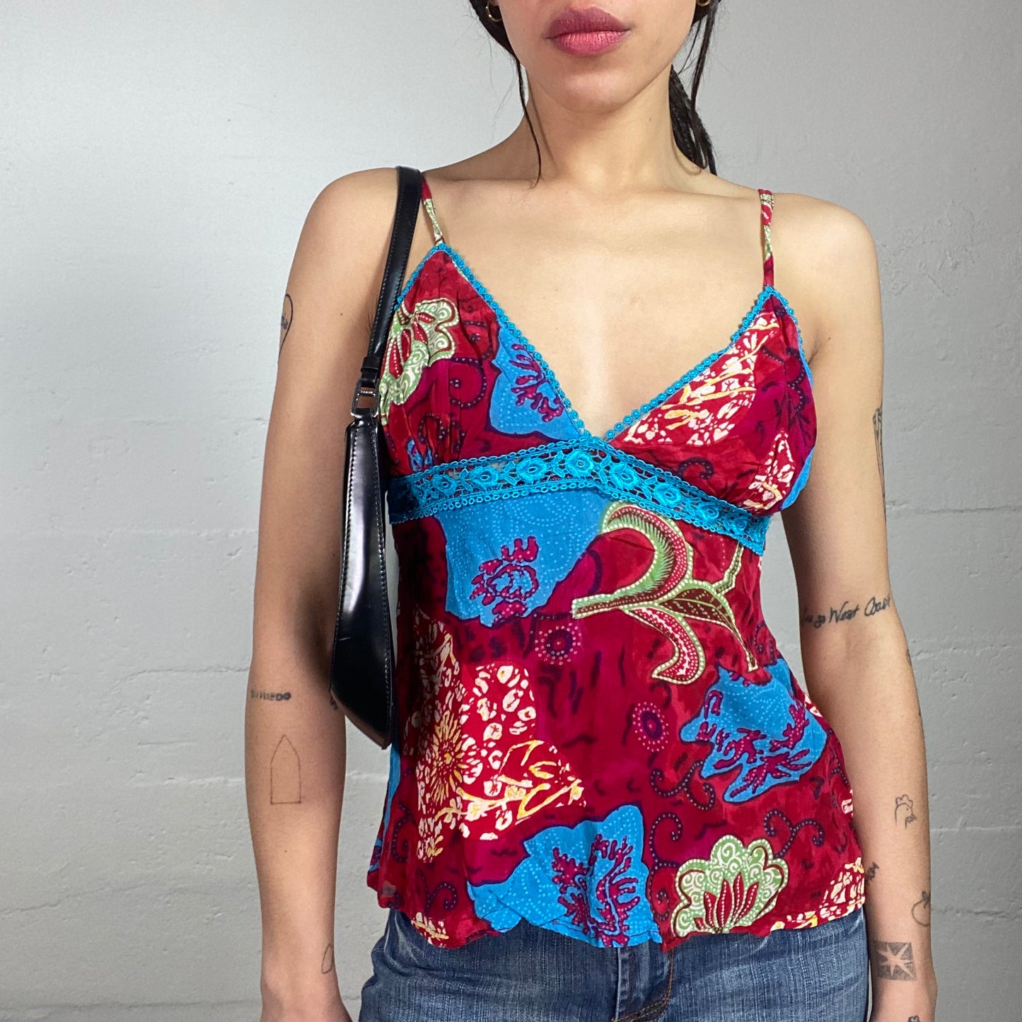 Vintage 2000's Funky Girl Red and Blue Top with Abstract Floral Print (S)