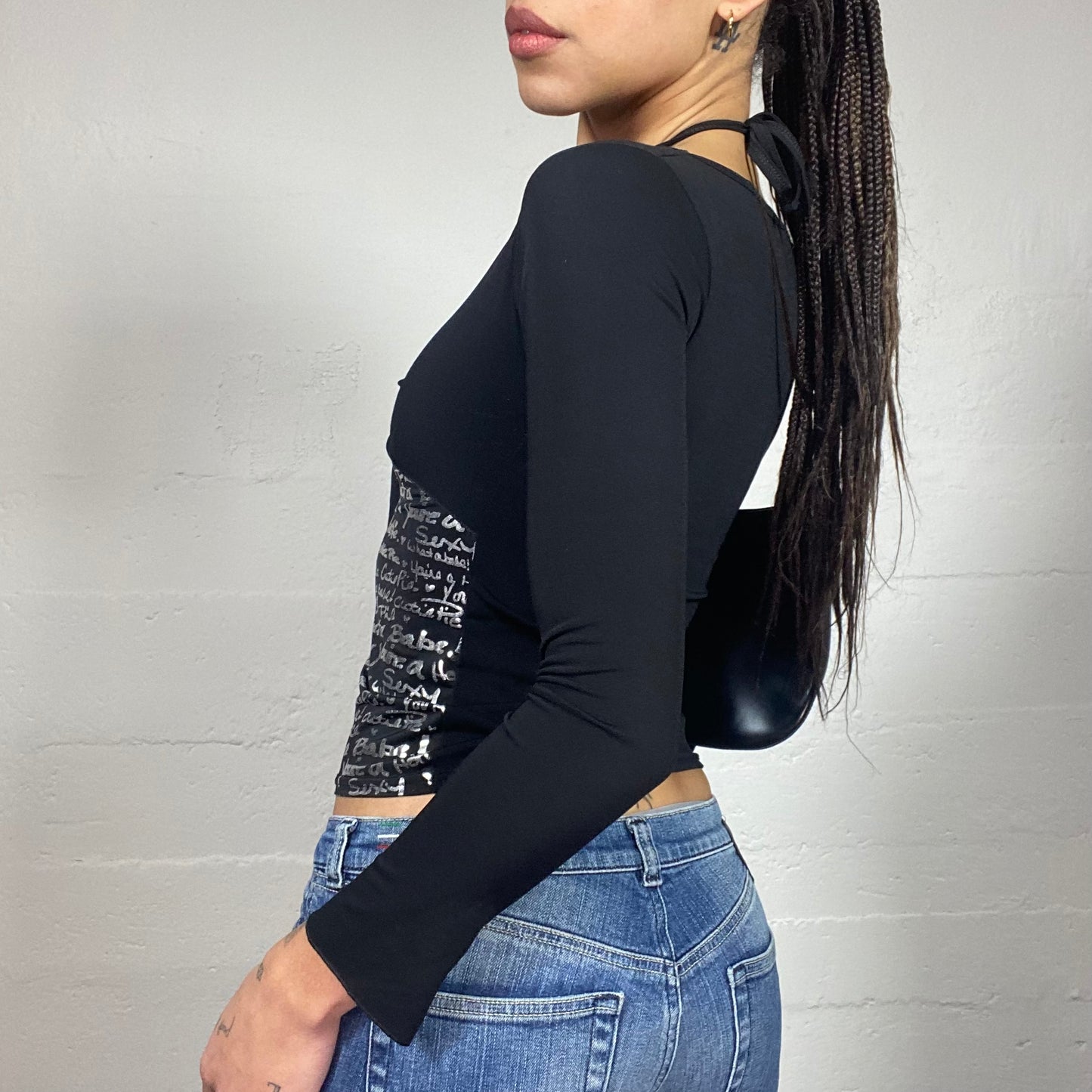 Vintage 2000's Clubwear Black Longsleeve Layered Top with Silver Typography Print (S)