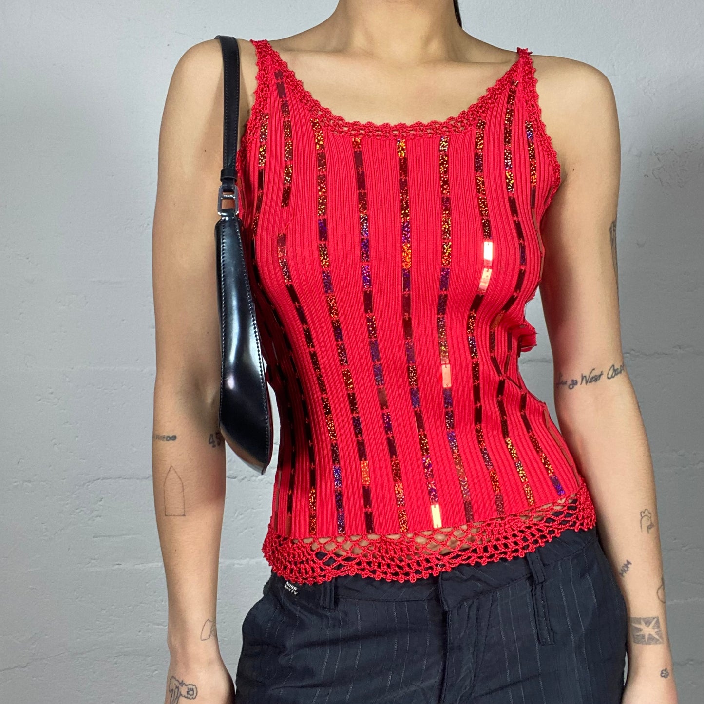 Vintage 2000's Festive Red Knitted Top with Glitter Trims Detail (S/M)