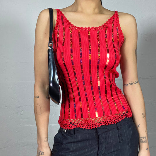 Vintage 2000's Festive Red Knitted Top with Glitter Trims Detail (S/M)