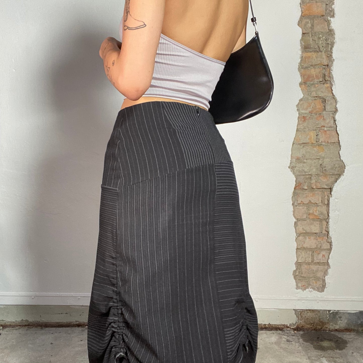 Vintage 2000's Cyber Black Patchwork Pinstripe Maxi Skirt with Scrunch Details (S)