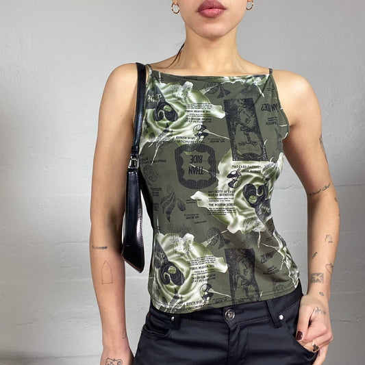 Vintage 2000's Cyber Girl Khaki Top with Typography Print and Roses Detail (S)