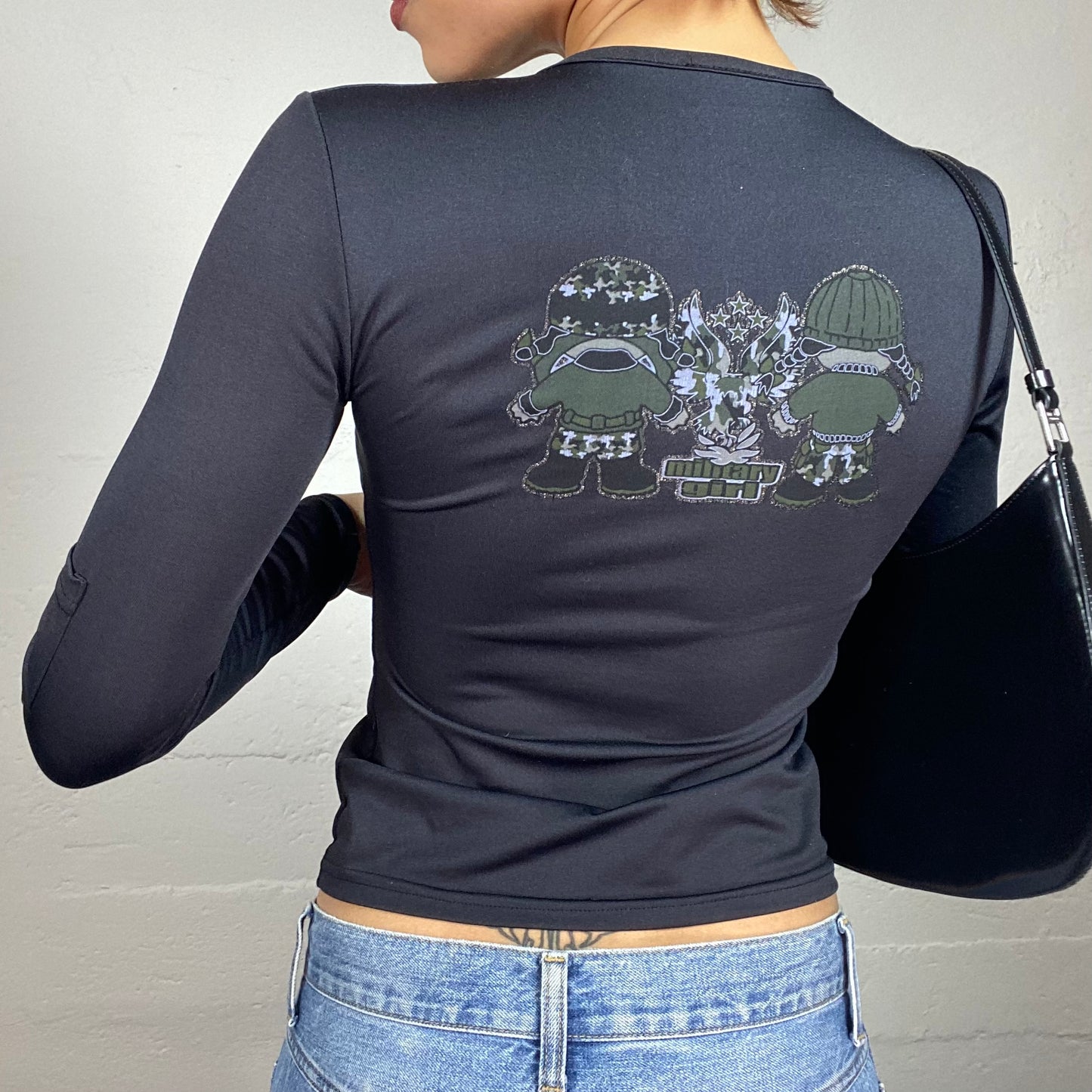 Vintage 2000's Downtown Girl Black Longsleeve Top with Cartoon "Military Girl" Print (S)