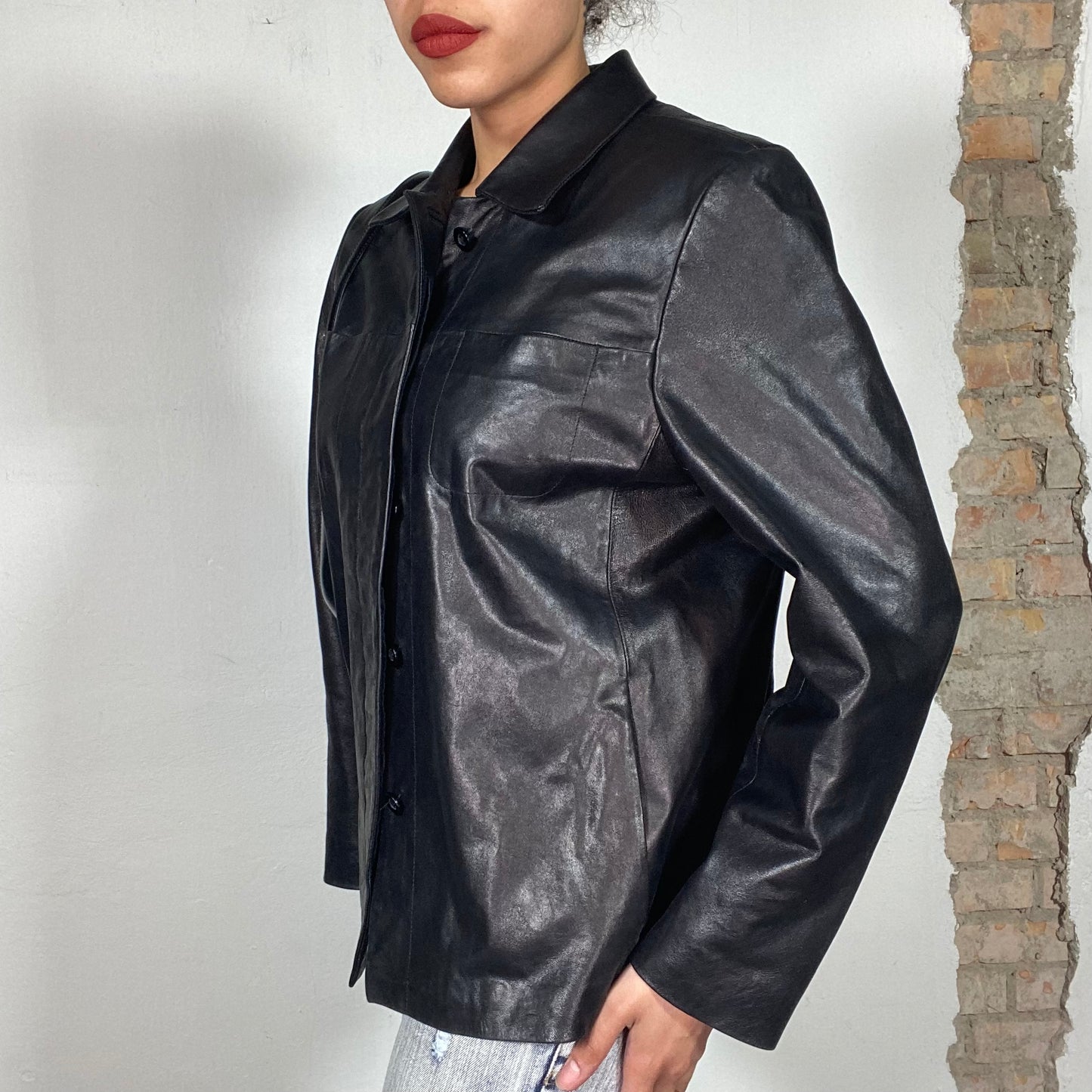 Vintage 90's Classic Black Leather Blazer with Hidden Button Row (M/L)