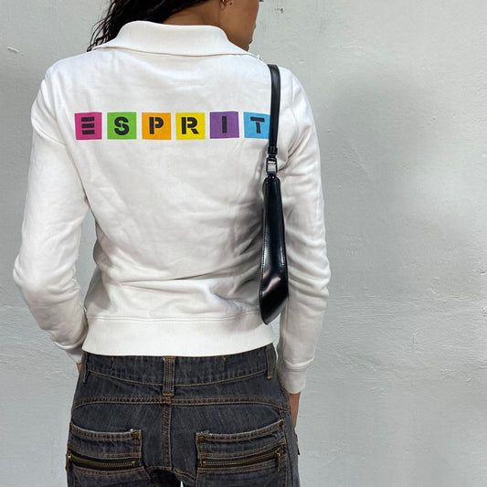 Vintage 90's Retro Esprit White Zip Up Sweater with Logo Color Block Detail (S)