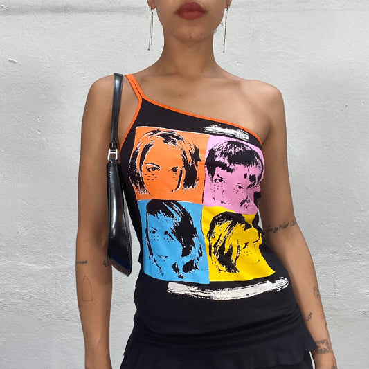 Vintage 90's Rave One Shoulder Black Top with Face Pop Art Print and Orange Straps (S)