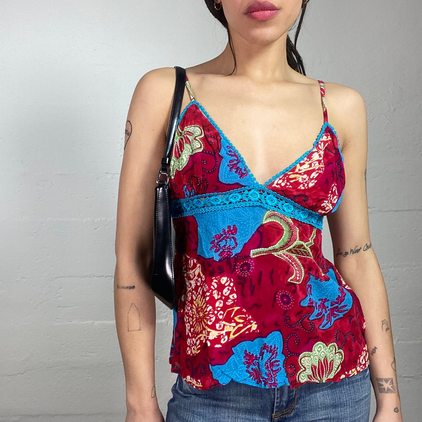 Vintage 2000's Funky Girl Red and Blue Top with Abstract Floral Print (S)