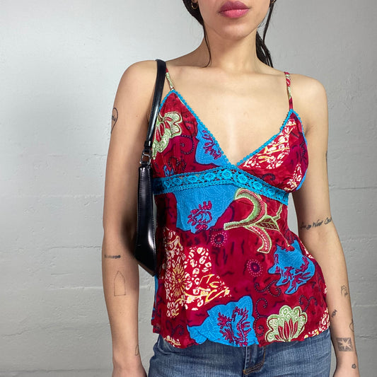 Vintage 2000's Funky Girl Red and Blue Top with Abstract Floral Print (S)