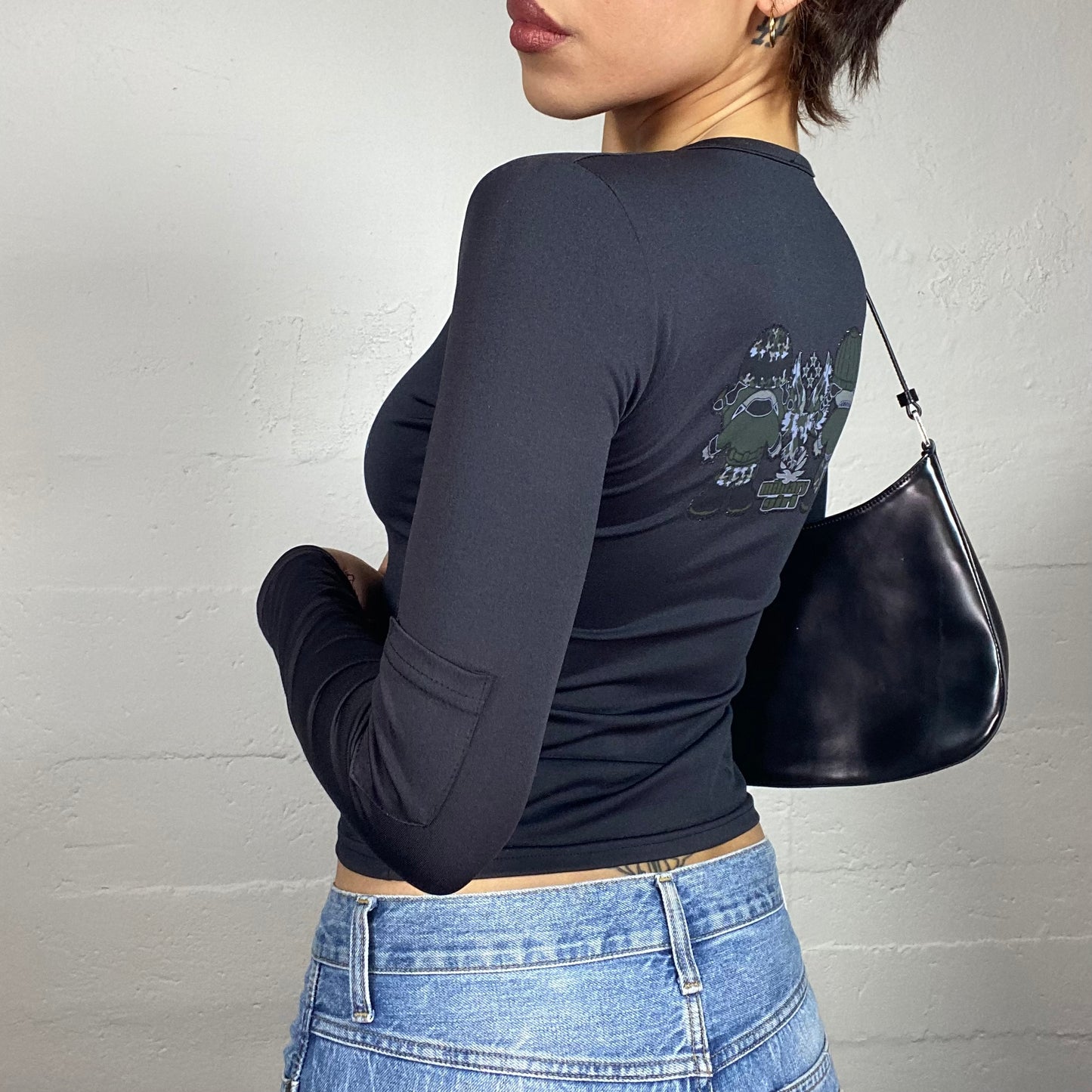 Vintage 2000's Downtown Girl Black Longsleeve Top with Cartoon "Military Girl" Print (S)