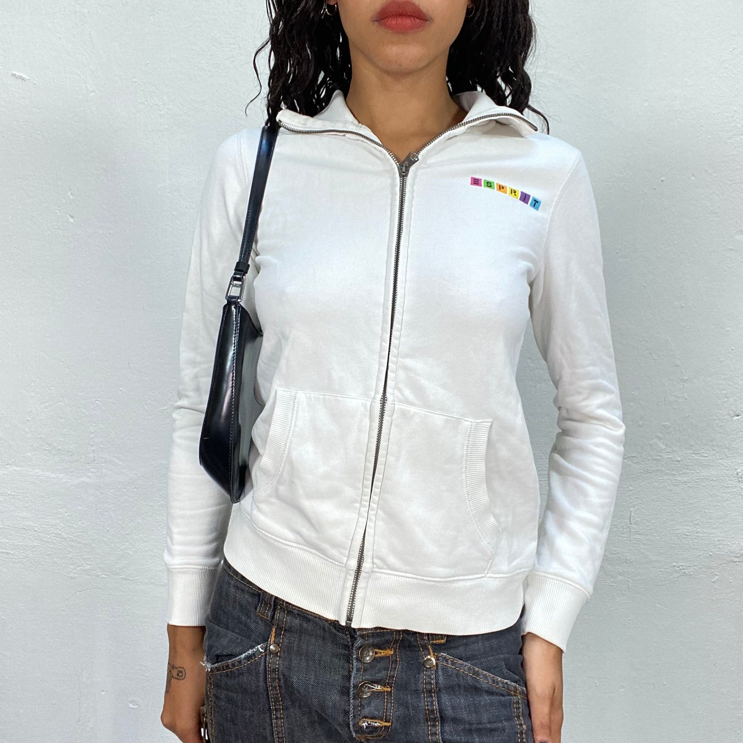 Vintage 90's Retro Esprit White Zip Up Sweater with Logo Color Block Detail (S)