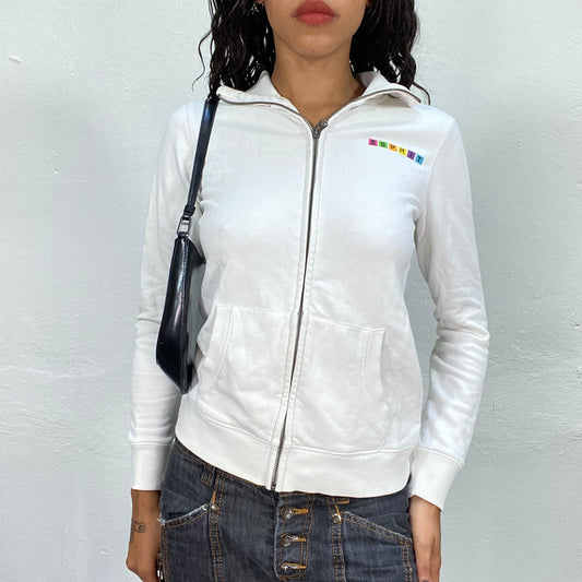 Vintage 90's Retro Esprit White Zip Up Sweater with Logo Color Block Detail (S)