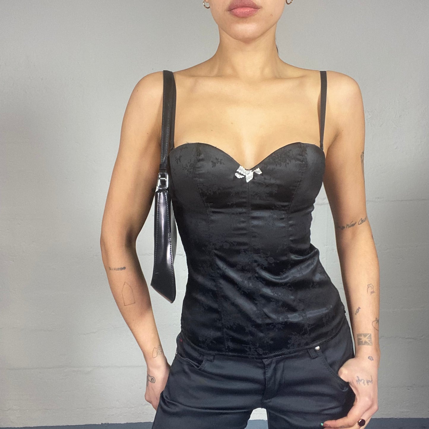 Vintage 90's Vamp Goth Black Satin Strapless Corset Top with Floral Material Detail (S)