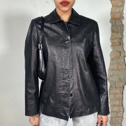 Vintage 90's Classic Black Leather Blazer with Hidden Button Row (M/L)